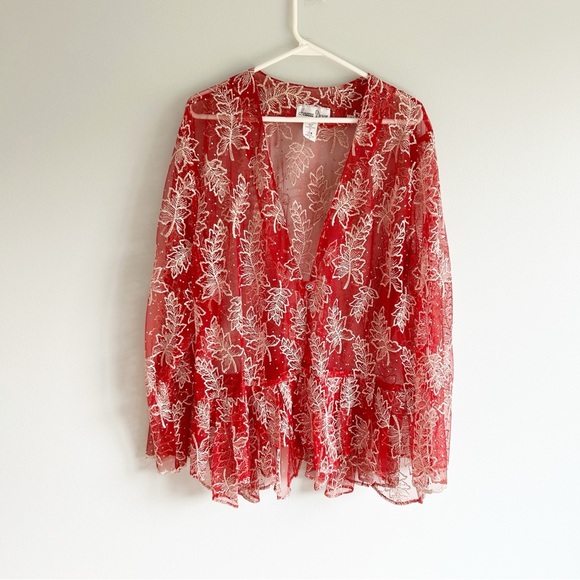 VTG Hosanna Design USA Red Leaf Pattern Beaded Semi Sheer Plus Size Top 2X - Picture 1 of 6
